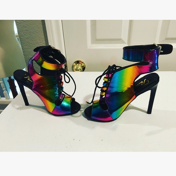 Privileged Neon Rainbow Metallic  Lace -Up Heels 6 - Picture 3 of 8